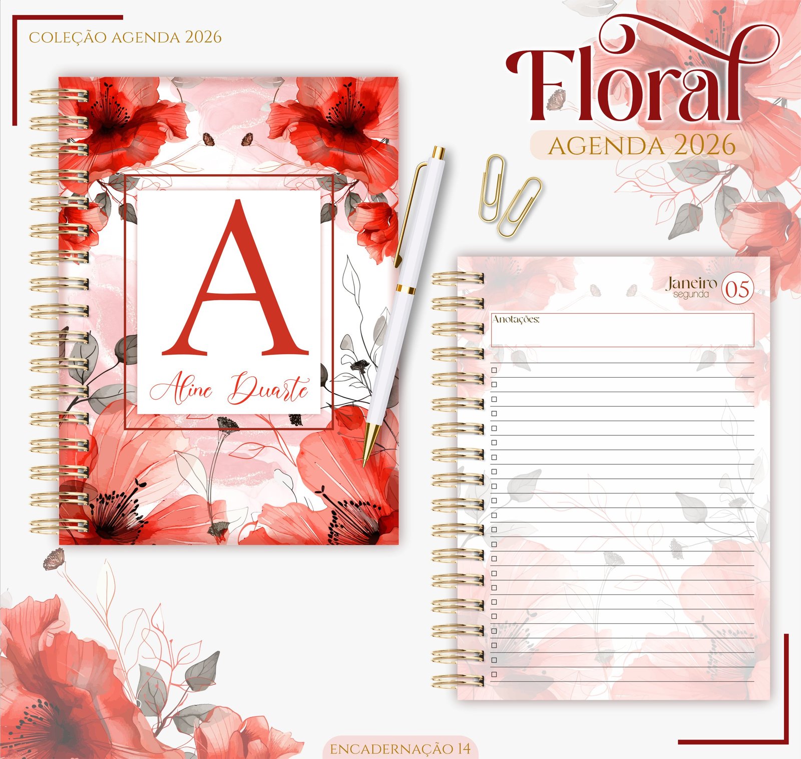 Agenda Floral Vermelho 2026