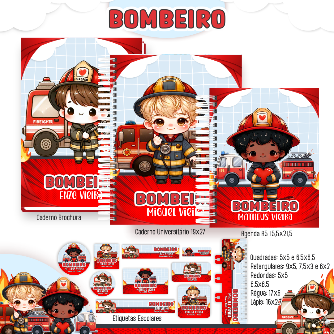 Combo Escolar Bombeiro Cute
